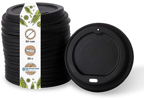 BIOZOYG Coffee To Go Deckel für Trinkbecher Ø 90mm I 50 Deckel für Pappbecher aus CPLA Biokunststoff 100% biologisch abbaubar, kompostierbar, recycelbar I Trinkloch Becherdeckel flach schwarz