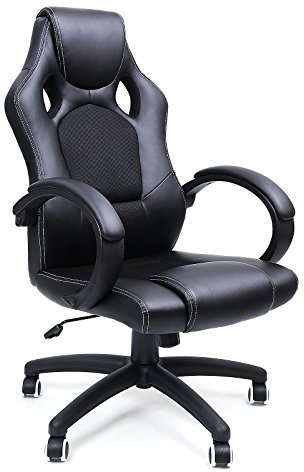 SONGMICS Racing Sport Office Chair with Tilt Function Computer Desk Swivel Chair PU Black OBG56BUK, 77×66×(107-117) cm