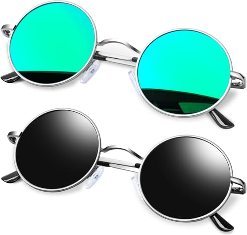KANASTAL 2er Set Runde Sonnenbrille Herren Damen Retro Polarisierte Sonnenbrille Rund mit Metallrahmen 90er Hippie Rave Brille UV400 Schutz, Polarisiert Schwarze und Verspiegelt Grün
