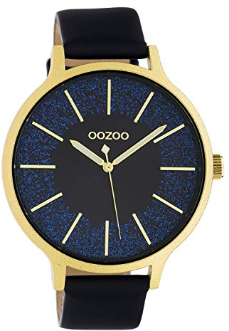 Oozoo Damenuhr mit Lederband 45 MM Goldfarben/Blau/Glitzer C10568