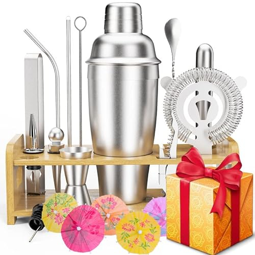 Cocktail Shaker Set vatertagsgeschenk - 750 ML Edelstahl Bonus CocktailShaker Cocktail Set Book, Cocktail Barkeep Set, Bar Zubehör Theke Shaker Barmixer mit Holzständer, Geburtstagsgeschenk für Männer