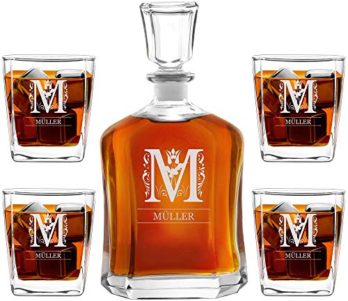 Maverton Whiskey Karaffe + 4 / 6er Whiskygläser Set mit Gravur - 700ml Whisky Dekanter - Geschenk zum Geburtstag für Damen - Buchstabe