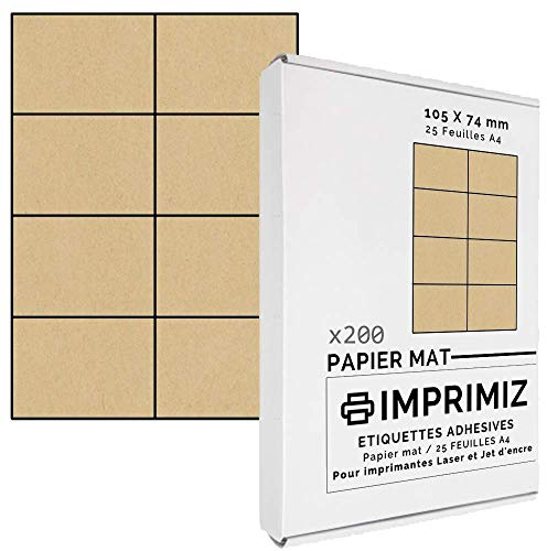 200 selbstklebende Etiketten aus natürlichem Kraftpapier, 105 x 74 mm, 8 Etiketten/Blatt, für Laser- und Tintenstrahldrucker, 25 Blatt A4
