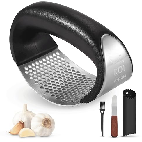 KOI ARTIASN Garlic Press Stainless Steel - Garlic Crusher Rocker Press with Garlic Peeler Wood Congenial Handle