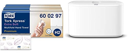Tork Xpress extra weiche Multifold Papierhandtücher 600297 weiß, 21 x 100 Tücher & Xpress Tischspender für Multifold Papierhandtücher 552200, Elevation Design - weiß
