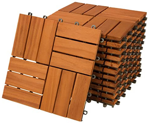 CASARIA® 11x Wooden Acacia Mosaic Decking Tiles | 30x30cm | Cuttable Interlocking System | Drainage System | Garden Patio Click Lock-in Flooring Deck | FSC-Certified Acacia Wood | 11 Tiles