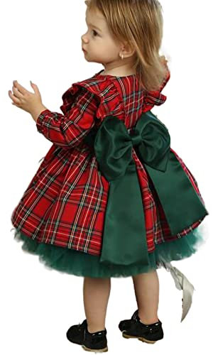 Toddler Girl Christmas Outfit - Long Sleeve Princess Dress With Bowknot Plaid Pattern for Autumn Winter, Baby Gift (Red Green, 6-12 Months)