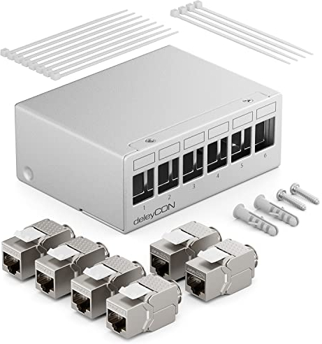 deleyCON 6 Port Patchpanel Set Patchfeld Verteilerfeld 1 HE + 6x RJ45 Keystone Jack Modul STP CAT6a Kompatibel mit Verlegekabel CAT6 CAT6a CAT7 Netzwerkkabel Ethernet LAN DSL - Grau