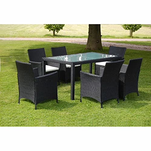 Gecheer 7-TLG. Garten Essgruppe, Terrassenmöbel Set 6 Personen, Sitzgruppe Esstisch mit Glas-Tischplatte & 6 Rattan-Stühle mit Sitzkissen, Gartenmöbel Set Schwarz