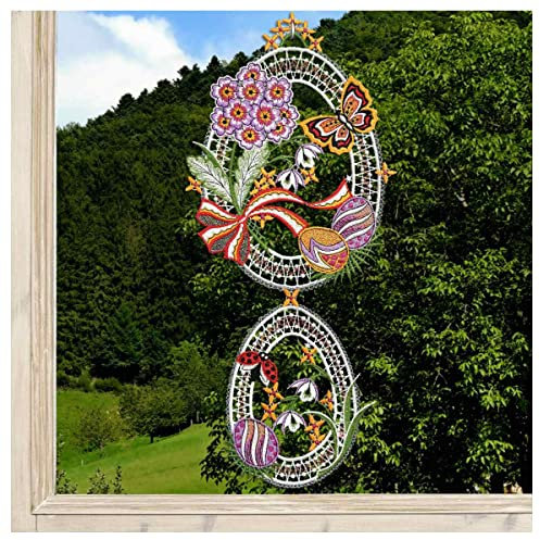 DSD Design-Studio Drechsler Fensterbild Ostertraum Plauener Spitze Frühlings-Girlande lila Ostereier mit Blumen 40 x 18 cm