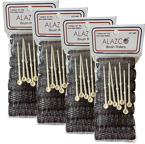 ALAZCO 28 pc Vintage Style Hair Roller Medium BRUSH ROLLERS & PINS Mesh Hair Curlers With Bristles 2.5x 3/4, with Flexible Locking Pins