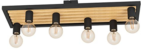 EGLO Deckenlampe Consett, 6-flammige Deckenleuchte, Deckenbeleuchtung Nature, Vintage, Industrial, FSCM70HB, Wohnzimmerlampe aus schwarzem Stahl und Holz, Lampe Decke mit E27 Fassung