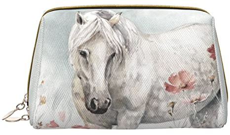 OGNOT Kulturtasche mit weißem Pferd und schwarzem Pferd, Reise-Organizer für Männer und Frauen, leichte Leder-Make-up-Tasche, kleine Kosmetiktasche, Weißes Pferd umgeben von Blumen, Einheitsgröße