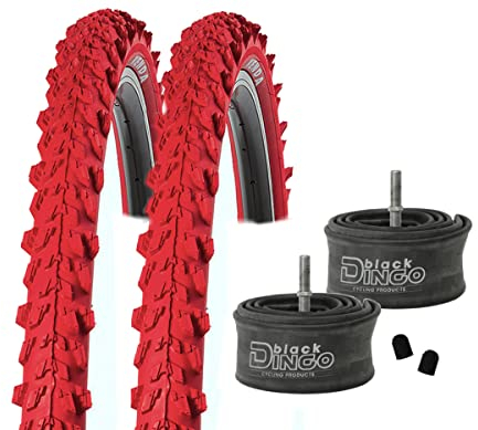 2 x Reifen MTB 20/24/26 Zoll Fahrradreifen Fahrradmantel 50-406/507/559 (20/24/26x1.95) inkl. Black Dingo Schläuche AV (26 Zoll (50-559), rot)