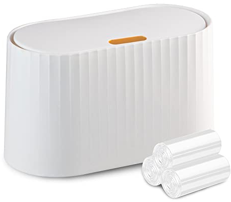 Cubo de Basura de Mesa con Tapa, SHAIDOJIO, Mini Bote de Basura de Escritorio, Mini Basurero con 90 bolsas de basura, Cubo de Basura de Mesa Desmontable, para Escritorios Dormitorios Baños-Blanco