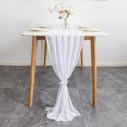 Eowppue Chemin de Table Mousseline Chemin de Table 70 cm X 300 cm Mariage Chemin de Table Communion Moderne Lavable Transparent Mousseline Nappe Chemin de Table de Maquillage(Blanc)