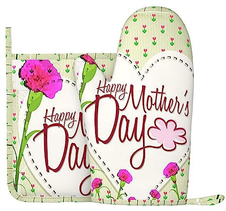 Set di guanti da forno e presine per la festa della mamma, guanti da forno in silicone resistenti al calore, simpatici guanti da cucina e cuscinetti caldi (mano destra)