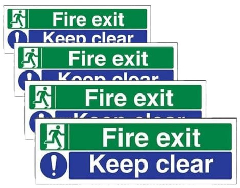 VSafety Fire Exit/Keep Clear Sign - Landscape - 300mm x 100mm - 1mm Rigid Plastic (Pack of 4)