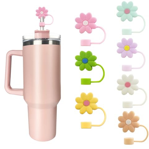 Velaco 7 PCS Silicone Straw Covers, Compatible with Stanley 30/40 Oz Cup, 10mm, Cute Flower Design, Dust-Proof, Reusable Straw Tips Lids