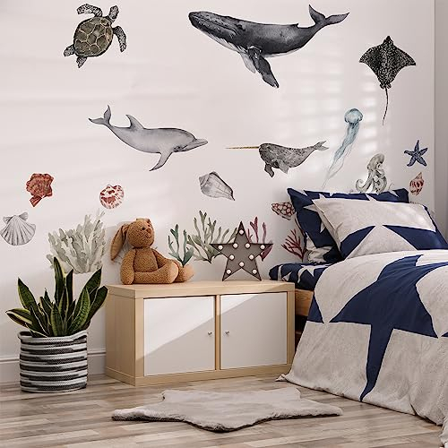 Neukids 250x200cm Wandtattoo Unterwasserwelt Aquarell ozean tiere Wandtattoo Oktopus Delphin Narwal Koralle Wandsticker Unterwasserwelt kinderzimmer Wohnzimmer Schlafzimmer Badezimmer Wandaufkleber