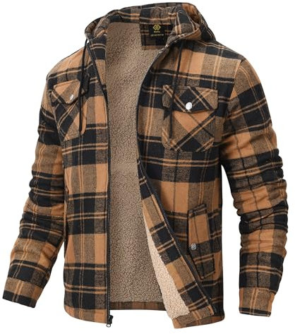 MoFiz Homme Veste Chemise Flanelle à Carreaux Doublée Chaude Blouson d'hiver Coton Chemise de Bûcheron Travail Manches Longues avec Capuche et Cinq Poches Marron XL