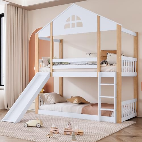 FEZTOY Kinderbett Etagenbett mit Rutsche, Hausbett mit Leiter,Zäunen, Fallschutz & Fenstern, Bettrahmen aus Massivholz, Weiß+Natur, 90x200cm, ohne Matratze