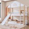 FEZTOY Kinderbett Etagenbett mit Rutsche, Hausbett mit Leiter,Zäunen, Fallschutz & Fenstern, Bettrahmen aus Massivholz, Weiß+Natur, 90x200cm, ohne Matratze