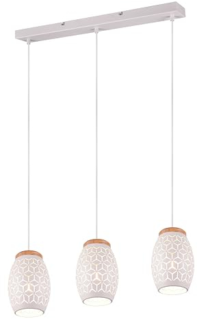 Reality Leuchten Pendelleuchte Bidar R31573031, Metall Weiß matt, Holz naturbelassen, exkl. 1x E27