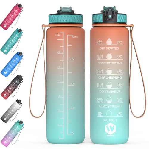 1 Litre Motivational Fitness Sport Water Bottles with Straw & Time Maker, Leak-proof, BPA-free Plastic Drink Bottle 1l Design for Girls, Boy Running,cycling (Orange and Green with Green Head, 32 OZ)