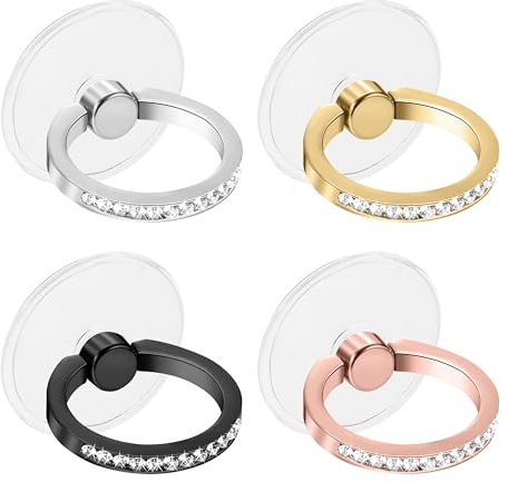 Heveer Anneau Support Téléphone avec Strass Support pour Anneau Transparent 360° de Rotation pour Téléphones Portables 4 Pièces 4 Couleurs