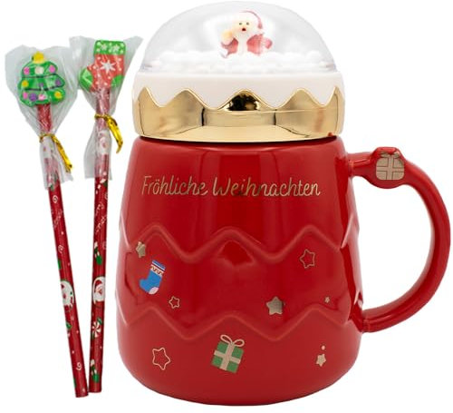 kda Schneekugel Tasse 400 ml - mit Deckel - Becher - Weihnachten - Tannendesign Winter Keramik (Rot)