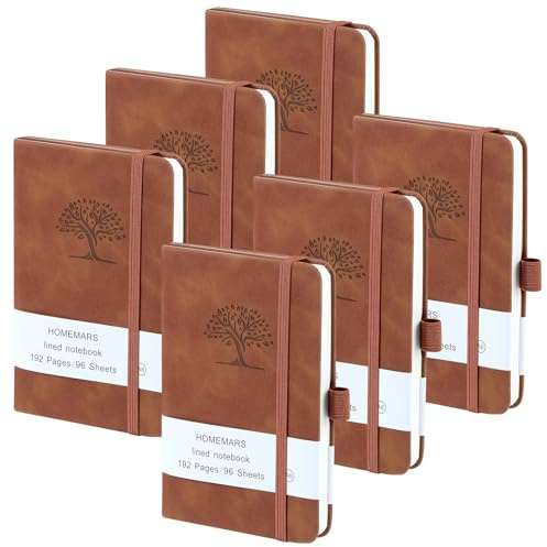 HOMEMARS Notizbuch A6, 6 Stück Notizbücher Set, 14.4cm x 9.6cm Notizblock, Braun, 192 Seiten, Notizheft, Notizblock a6, Journal, Reisetagebuch, Notizbuch Leder, Prägebaum Design