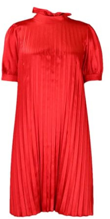 Damen Casual Kurzarm Midi Kleider Lose Rundhals Strap Solide Knielang Plissee Kleid, rot, Medium