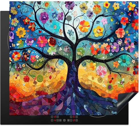 KitchenYeah© Herdabdeckplatte Einteilig Küche Herdabdeckung Induktionsfeld | 59x52 cm - Ceranfeld Herdabdeckplatten Vinyl Matte Aufrollbar Baum des Lebens - Farben - Baum