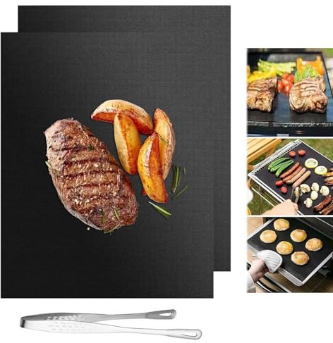 BBQ Grillmatte, 40x33cm Grillfolie Wiederverwendbare Backpapier, Grillmatte Geeignet zum Grillen 2er Set, Backpapier Wiederverwendbar, Grillmatte für Gasgrill, Grillmatte für Holzkohle Schwarz