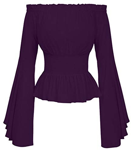 Camicetta medievale da donna rinascimentale, maniche a tromba, spalle scoperte, gotico, vittoriano, camicia con corsetto, cintura in vita, costume da pirata, costume di Halloween, spalle scoperte,