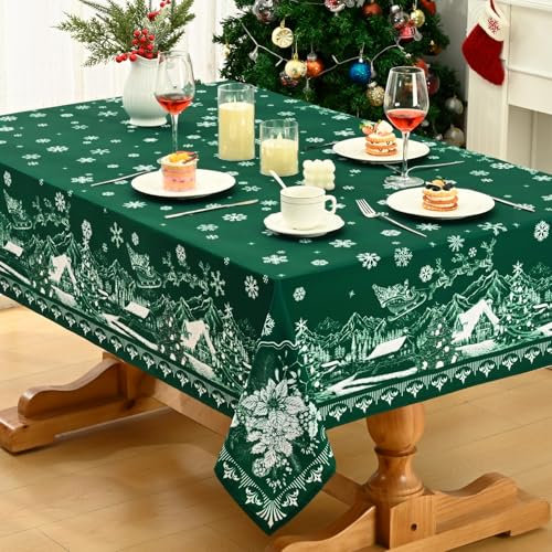 Alishomtll Weihnachten Grün Tischdecke, Schneeflocke Elch Haus Weihnachtsbaum Rechteckige Tischdecken, Wasserabweisend Abwaschbar Tischtuch, Winter Party Festliche Deko Tischwäsche 130x220 cm