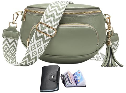 KUNKUN Sac Bandoulière Femme Sac Banane Femme Vert soja Sac à Main Femme Cuir Végétalien Sac Bandouliere Grande Sacoche femme avec Paquet de Carte en Crédit Bloquant La RFID