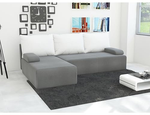Easy4You Ecksofa Mini L-Form Grau/Weiss – 202x79x140 cm - Schlafsofa mit Bettkasten und Schlaffunktion - Eckcouch mit Stauraum – Links – Stoff Mikrophase 27/31