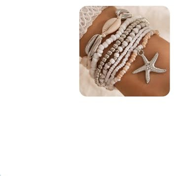Nayyana 7 Stück Muschel-Armbänder für Frauen, Boho-Mehrschicht-Perlenarmbänder, Seestern-Armbänder, Muschel-Armbänder, Sommer-Strand-Armbänder, Schmuckzubehör für Frauen - Silber