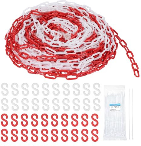 sourcing map Plastic Chain 200 FT/61 M, Safety Chain Red White Plastic Chain Link Barrier with Zip Ties and S-Hooks for Crowd Control Queue Line Fence Decoration