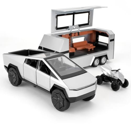 TGRCM-CZ 1/32 Tesla Cybertruck Elektro Pick Up Truck RV Modell Auto mit einem Motorrad, Zink Legierung Pull Back Motorhome Spielzeug Auto mit Ton und Licht für Kinder Jungen Mädchen Geschenk(Silber)