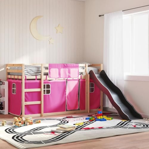 BOWEKAM Home & Garden Etagenbett ohne Matratze mit Rutsche und Vorhängen, Rosa, 90 x 190 cm, Einzelmöbel Wahl