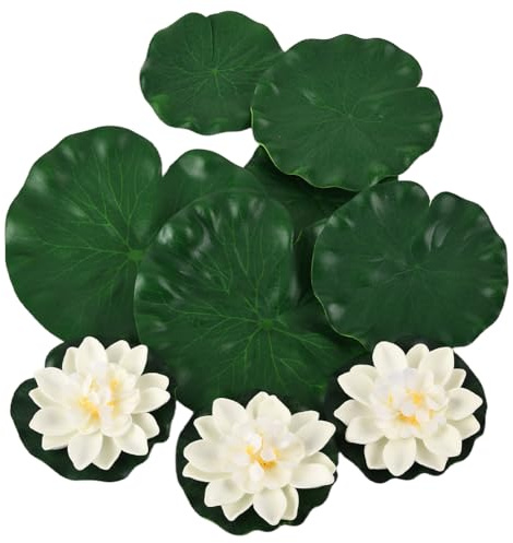 SOFPLATE 1 Box 9Pcs Floating Lotus Flowers Artificial Pond Plants with Green Lily Pads White Lotus Summer Ornaments for Fish Tank Pond Pool Fountain Aquarium Home Outdoor Water Garden Decorations