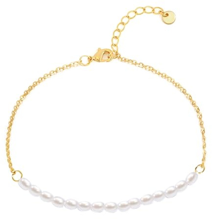 Perlenarmband Damen Gold 14k, Armband Perlen Damen mit feinen Perlen,verstellbares Armband Gold mit Perle, eleganter Perlenschmuck, Beaded Bracelet für Frauen,Modeschmuck Geschenk Hochzeit Geburtstag