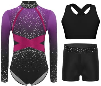 Miutii 3Pcs Mädchen Turnanzug Glitzer Gymnastikanzug Langarm Ballettanzug mit kurze Hose Sport BH Tops Gymnastik Leotard Eislaufen Tanzkostüm
