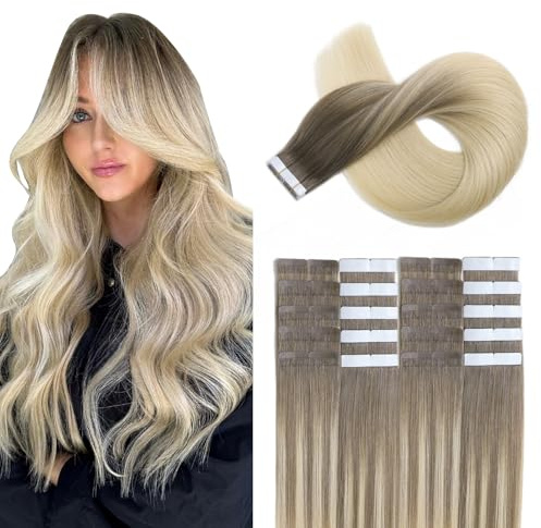 XDhair Tape in Extensions Echthaar 35cm Tape Ins Natürlich Erweiterungen | 50g,Haarverlängerung Echthaar,Hellbraun bis Platinblond,#8/60