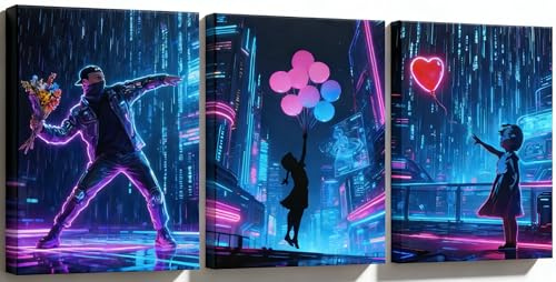 PIGPIGFLY 3Pcs Klassische Banksy-Leinwandbilder mit edlem Rahmen verleihen Ihrem Wohnzimmer einen künstlerischen Touch,Pop-Art-Bilder, Wandposter,30x40 cm