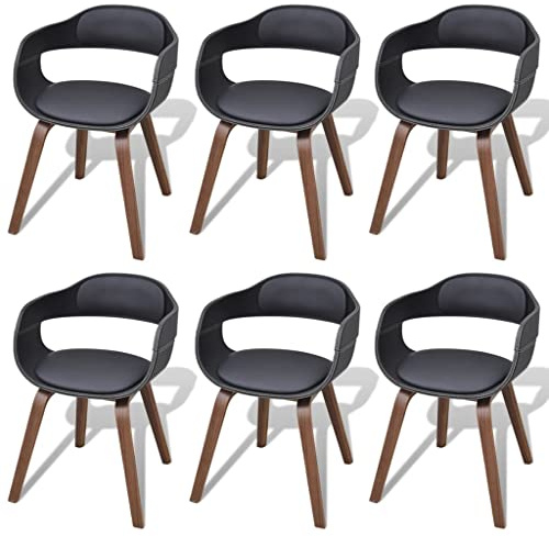 Hoopleep Lot de 6 chaises de salle à manger, noires, en bois de bug et cuir synthétique, accoudoirs, structure en noyer, rembourrées, ergonomiques, modernes, pour cuisine et salle à manger