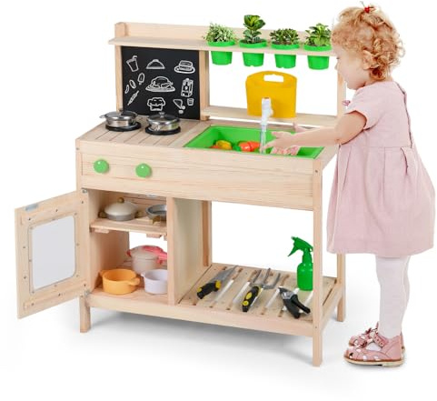 COSTWAY Cuisine Extérieure Enfant en Bois de Pin avec Tableau Noir et 4 Pots, Cuisine de Boue avec Évier et Réservoir d'eau et Robinet, Étagère, Jeu d'Imitation Boueuse pour Jardin Balcon, 3 Ans+